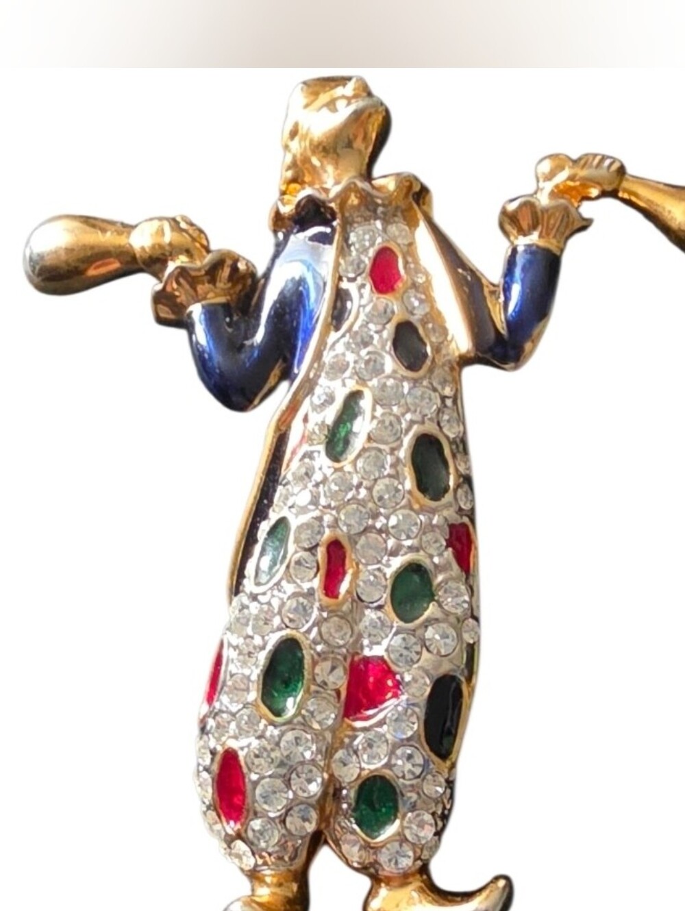 Gold-Tone Multicolor Rhinestone Clown Brooch - Blue, Red & Green Accents